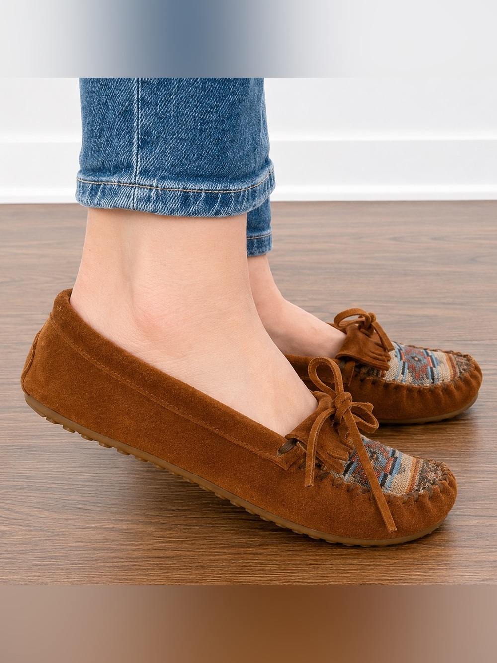 Minnetonka Tan and Multicolor Moccasins
